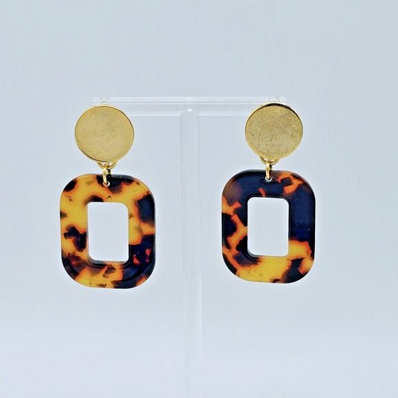 Tortoise Drop Earrings Vintage Dangle Open Rectangle Gold Tone Statement Jewelry - Picture 4 of 6